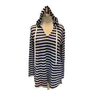 La Blanca Knit Tunic Hoodie Coverup Blue Wht Stripe Sz Large Spring Break Swim